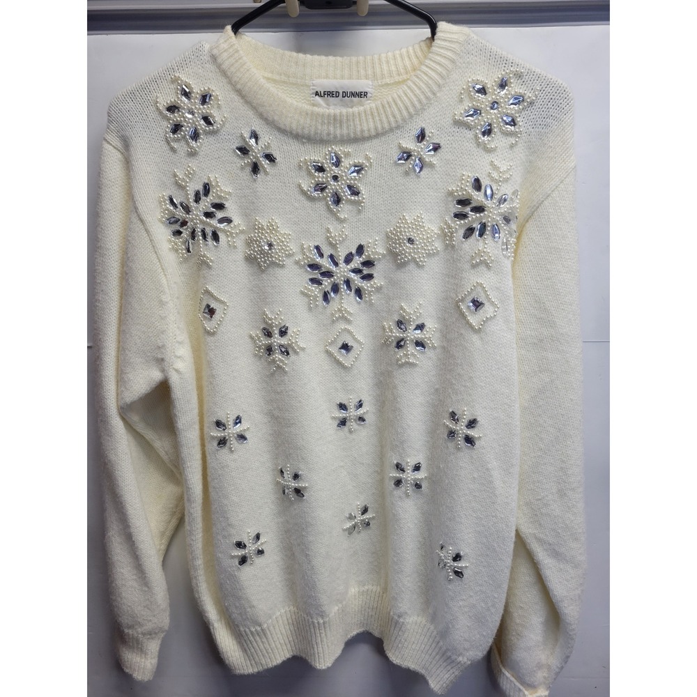 Alfred Dunner Cream Snowflake Sweater Beaded Rhinestone Pearl Mens Medium Vtg